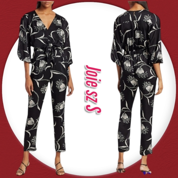 🦃TODAY ONLY🦃BCBGENERATION Joie Black Floral print V- neck casual Jumpsuit sz S - Picture 1 of 14